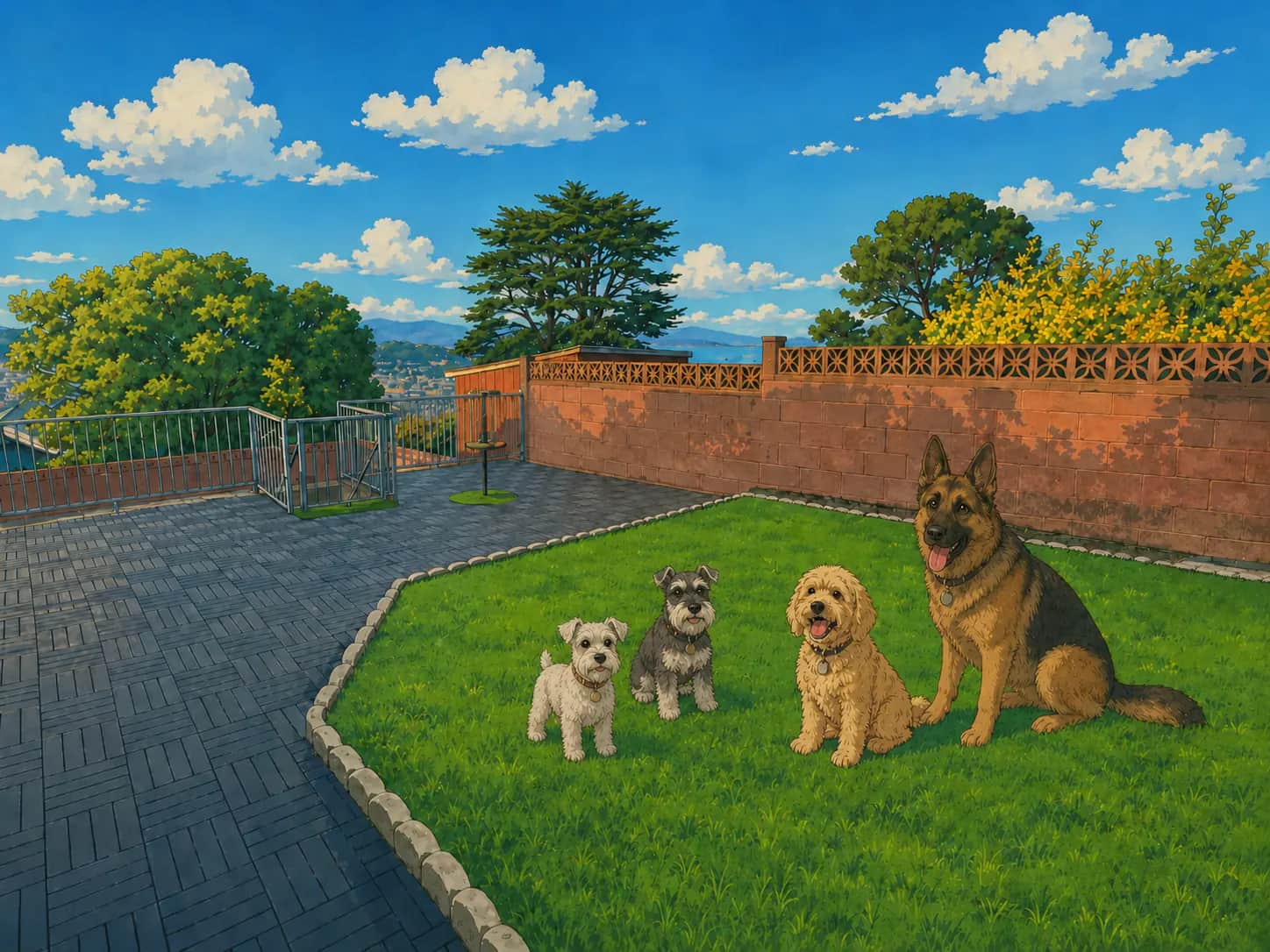 A sunny dog-friendly yard with a small dog sitting on the grass